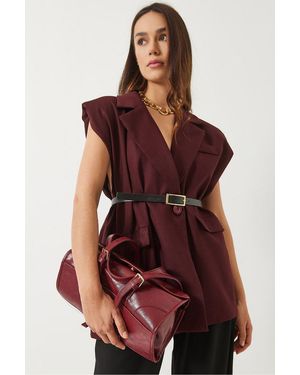 Bianco Lucci Belted Long Shawl-Collar Vest - Red