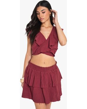 Boohoo Cheesecloth Double Layer Ruffle Rara Mini Skirt - Red