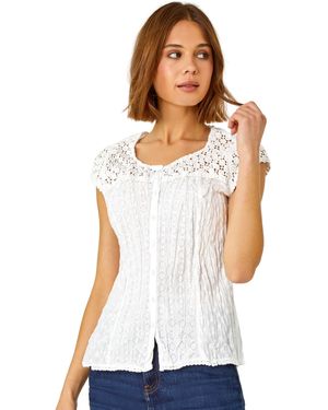 Roman Lace Yoke And Sleeve Crinkle Blouse - White