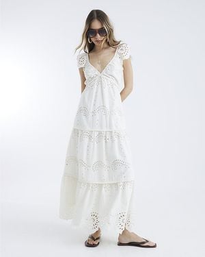 River Island Midi Dress Sleeveless V-Neck Broderie Cotton - White