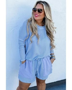 Azura Exchange Plus Size Ribbed Long Sleeve Top And Drawstring Shorts Set - Blue