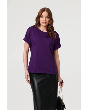 Izabel London Button Trim Short Sleeve Relaxed Top - Purple