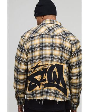 BoohooMAN Oversized Boxy Graffiti Long Sleeve Flannel Check Shirt - Grey