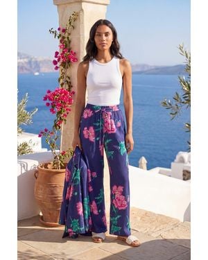 Roman Floral Textured Pull On Trouser - Blue