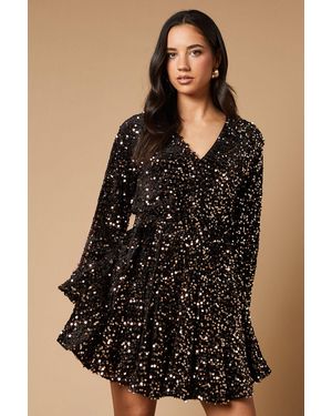 Oasis Sequin Long Sleeve Button Detail Mini Dress - Black