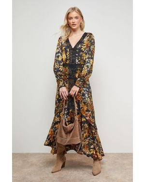 Oasis Printed Lace Trim Detail High Low Hem Midi Dress - Natural