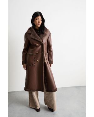 Warehouse Whipstitch Faux Leather Shearling Coat - Brown
