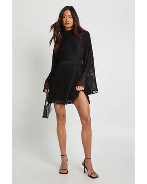 Boohoo Tall Pleated Chiffon High Neck Flare Sleeve Mini Dress - Black