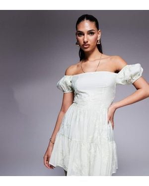 Kaiia Exclusive Cotton Rich Embroidered Bardot Puff Sleeve Tiered Mini Dress - Green