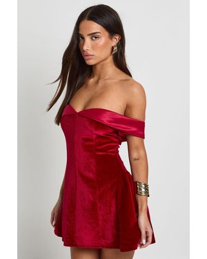 Boohoo Petite Velvet Bardot Mini Dress - Red