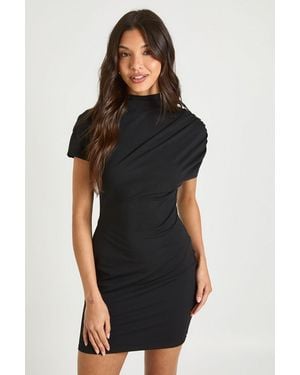 Boohoo Grown On Neck Drape Cinched Waist Mini Dress - Black