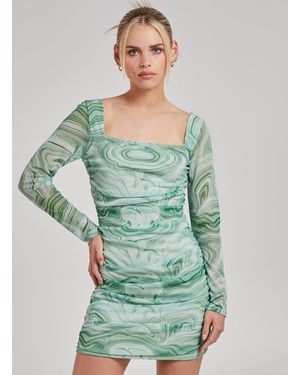 Pink Vanilla Mesh Marble Long Sleeve Mini Dress - Green