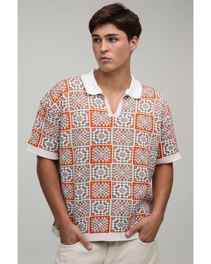 BoohooMAN Oversized Boxy Crochet Square Knitted Polo - Orange