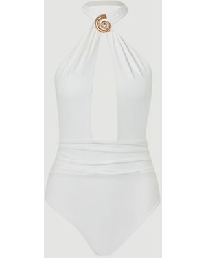 Karen Millen Shell Hardwear Halterneck Swimsuit - White