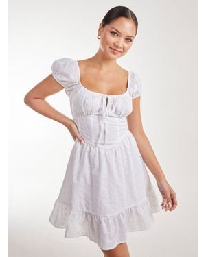 Pink Vanilla Broderie Puff Sleeve Corset Mini Dress - White