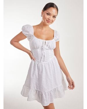 Pink Vanilla Broderie Puff Sleeve Corset Mini Dress - White