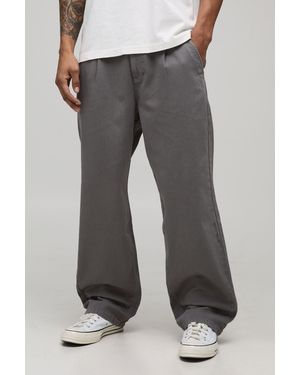 BoohooMAN Relaxed Fit Half & Waistband Washed Twill Trouser - Grey