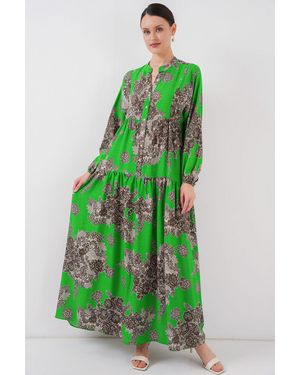 Bigdart Printed V-Neck Maxi Dress With Button Closure - Green