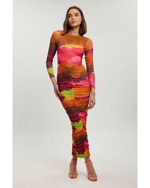 Karen Millen Marbled Print Mesh Ruched Maxi Dress - Red