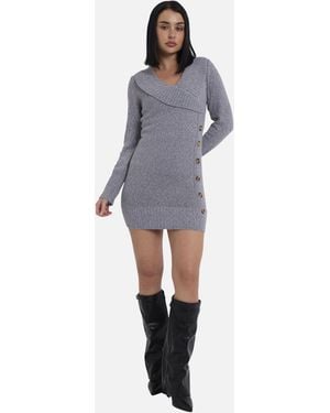 Gini London Wrap Knit Button Detail Mini Jumper Dress - Blue