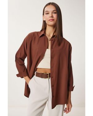 Happiness İstanbul Oversized Poplin Button-Up Shirt With Long Sleeves - Brown