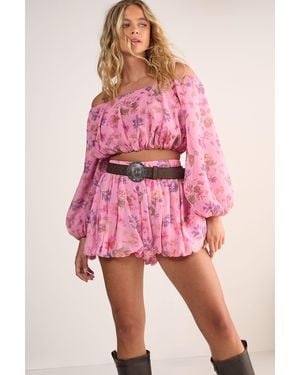 Nasty Gal Floral Bardot Balloon Sleeve Crop Top - Pink