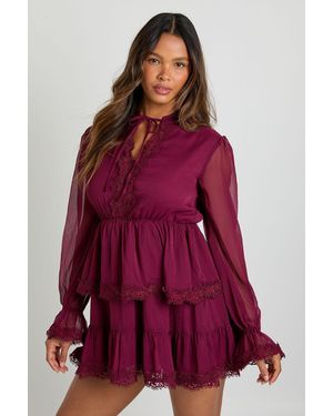 Boohoo Chiffon Lace Detail Smock Dress - Red