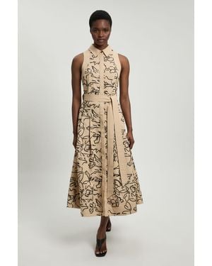 Karen Millen Linen Matte Sequin Collared Midi Dress - Natural