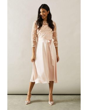 Wallis Satin And Mesh Overlay Fit And Flare Dress - Natural