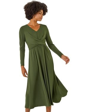 Roman Twist Front Stretch Midi Dress - Green