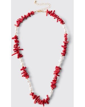 BoohooMAN Beaded Shell & Pearl Necklace - Red
