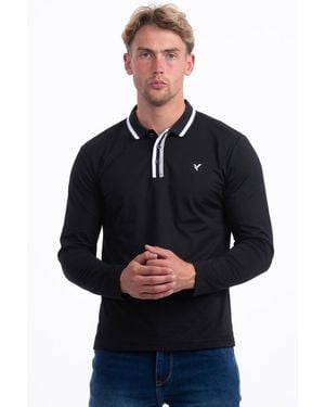 D Rock Long Sleeve Polo Shirt With Dual-Stripe Collar - Black
