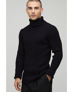 BoohooMAN Muscle Fit Ribbed Roll Neck Knitted Jumper - Blue