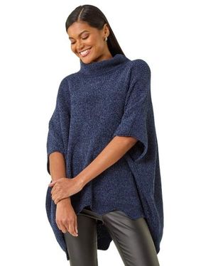 Roman Roll Neck Chenille Knit Poncho - Blue