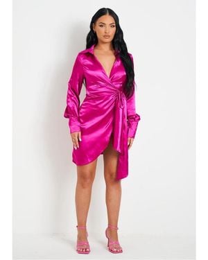Missy Empire Missy Empire Tie Waist Wrap Plunge Mini Dress - Pink