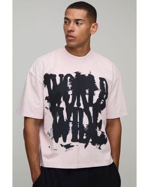 BoohooMAN Washed Oversized Boxy Graffiti Print T-Shirt - Grey