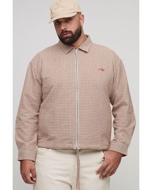 BoohooMAN Plus Oversized Boxy Heritage Flannel Embroidered Zip Up Overshirt - Natural