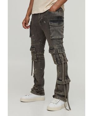 BoohooMAN Washed Stacked Flare Strap Detail Cargo Jeans - Grey