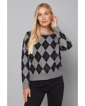 Wallis Petite Sequin Argyle Crew Neck Jumper - Grey