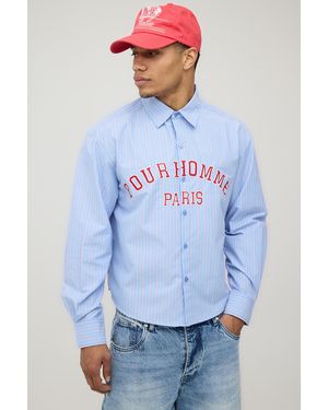BoohooMAN Boxy Curve Hem Long Sleeve Multi Stripe Shirt - Blue