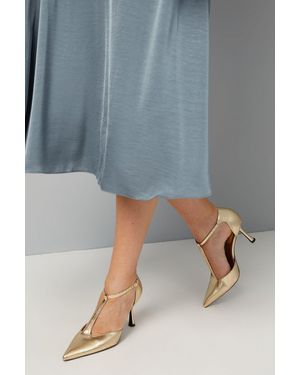 Wallis Penelope Faux Metallic Leather T-Bar Pointed High Stiletto Heel Court Shoes - Blue