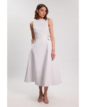 Karen Millen Premium Cotton Tailored Fabric Belted Buckle Midi Dress - Grey