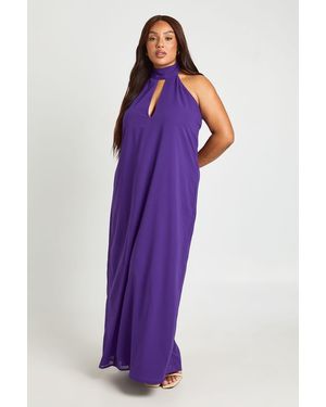 Boohoo Plus Plunge Chiffon Halterneck Ruffle Maxi Dress - Purple