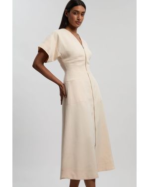 Karen Millen Tencel Blend Tailored V Neck Zip Detail Maxi Dress - Natural