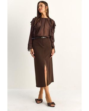 Bianco Lucci High-Waist Midi Pencil Skirt With Slit - Brown