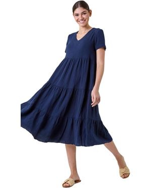 Roman Cotton Textured Tiered Midi Dress - Blue