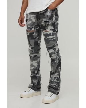 BoohooMAN Camo Stacked Skinny Flared Distressed Jeans - Grey