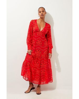 Karen Millen Viscose Georgette Cutwork Beach Maxi Dress - Red