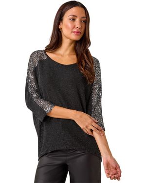 Roman Sequin Detail Stretch Tunic Top - Black