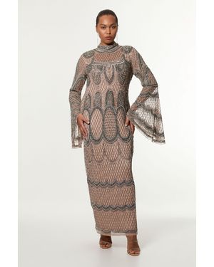 Karen Millen Plus Size Embellished And Beaded Long Sleeve Woven Maxi Dress - Natural